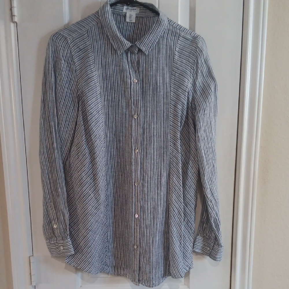 Artisan Ny Navy & White Asymetrical Striped Button-Down LINEN Shirt